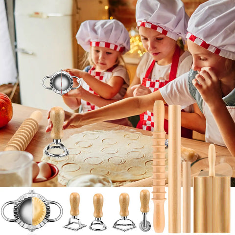 Children using 9 Piece Gnocchi And Pasta Making Set With Gnocchi Board, Pasta Cutter, Ravioli Stamp, Rolling Pin, Dumpling Makers And Noodle Tools