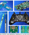Collage of electronic circuit boards and components for Metal Micro Momentary Tactile Push Button Switch Kit With 240 Pieces SMT 4x4mm Buttons, 14 Heights From 0.8mm To 6.0mm, Brass Button Head, Zinc Pins, Ultra Clear Click, Ideal For Drones, Panels, And Precision Electronics Projects