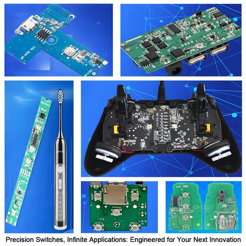 Collage of electronic circuit boards and components for Metal Micro Momentary Tactile Push Button Switch Kit With 240 Pieces SMT 4x4mm Buttons, 14 Heights From 0.8mm To 6.0mm, Brass Button Head, Zinc Pins, Ultra Clear Click, Ideal For Drones, Panels, And Precision Electronics Projects