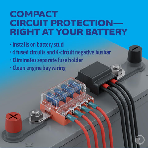 ST Blade Fuse Block Battery Terminal Mount 4 Way Kit Built To Handle Beefy Power, 100 Amp Capacity, Direct Battery Stud Install.