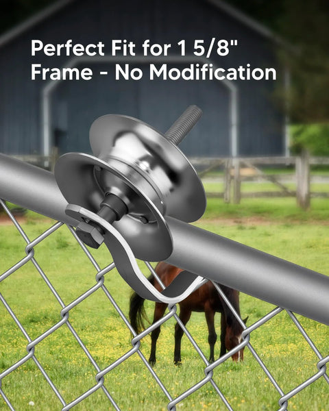 Image of Two Pack Five Inch Sliding Gate Rollers With Galvanized Steel Wheel For One And Five Eighths Inch Pipe Track Outdoor Rustproof Smooth And Quiet For Fence Gate Or Yard Sliding Doors Easy Three Minute Installation For DIY Novices attached to a chain link fence.