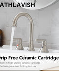 Brushed Nickel Widespread Bathroom Faucet Set 8 Inch 3 Hole With Two Handles Farmhouse Lavatory Vanity Mixer Faucet Pop Up Drain With Overflow No Brainer Remodel, shown installed on a white sink with water flowing.