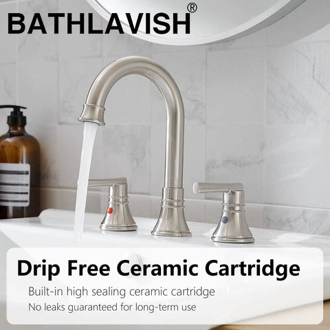 Brushed Nickel Widespread Bathroom Faucet Set 8 Inch 3 Hole With Two Handles Farmhouse Lavatory Vanity Mixer Faucet Pop Up Drain With Overflow No Brainer Remodel, shown installed on a white sink with water flowing.