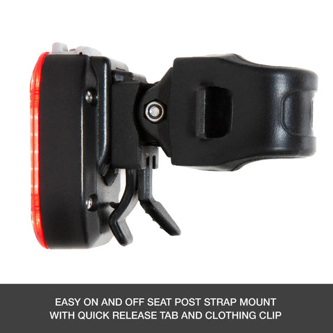 Lumina Micro 900 Front Bike Light And Vmax Plus 150 Rear Light USB Rechargeable Combo Pack showing rear light strap mount