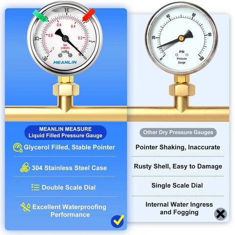 Tough As Nails Stainless Steel Liquid Filled Vacuum Gauge With 2.5 Inch Dial 1/8 NPT Connection Lower Mount -30 InHg To 0 Psi Range WOG Water Oil Air Snaps Included, 304 steel case