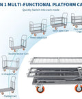 Heavy-Duty 1800 Lb 6-In-1 Foldable Platform Cart With Cage showcasing multi-functional configurations and 360 degree wheels