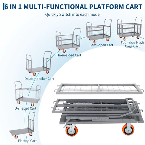 Heavy-Duty 1800 Lb 6-In-1 Foldable Platform Cart With Cage showcasing multi-functional configurations and 360 degree wheels