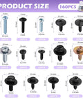 160 Piece Metal Car Screw Kit With 14 Size Options Pan Head Self Tapping Screws on grid showing all sizes and quantities