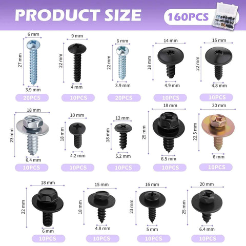 160 Piece Metal Car Screw Kit With 14 Size Options Pan Head Self Tapping Screws on grid showing all sizes and quantities