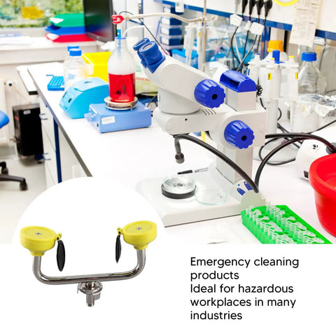 Wall Mounted Eyewash Station With Aerated Spray shown in a lab with microscope and equipment, 304 Stainless Steel and ABS