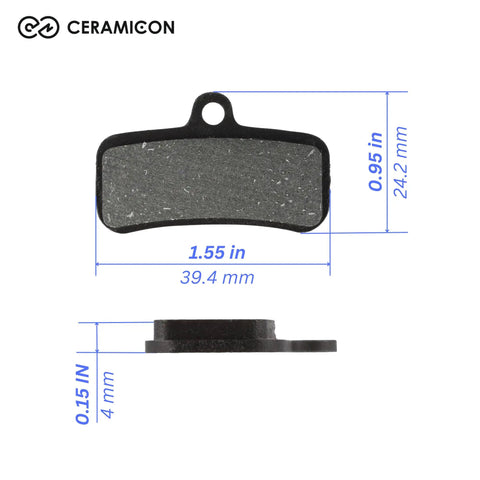 Heavy-Duty 4-Piston E-Bike Brake Pads With Metallic Ceramic Compound, fits Shimano D02S, side and front view with measurements