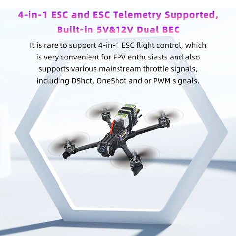 CrossRace Pro APM Flight Controller For Racing Drones 37x37 board on drone, showing 4-in-1 ESC and telemetry support in hexagonal frame
