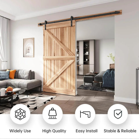 EaseLife 8 Ft Sliding Barn Door Hardware Track Kit With Pulley For Smooth Quiet Glide And Easy Install shown on wooden door