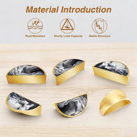 Two Pack Monochrome Fluid Art Swirl Cabinet Pulls 3 Inch Center Hole Gold Semicircle Drawer Handles For Kitchen Vanity Bathroom Dresser Hardware Dope Marble Look displayed on wood surface