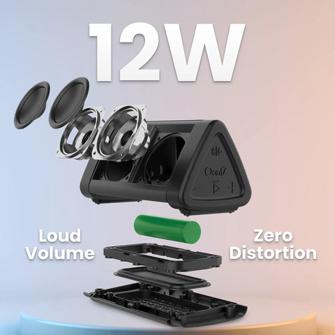 Exploded view of Angle 3 4th Gen Portable Bluetooth Speaker with 12W stereo sound and components detailing loud volume and zero distortion.