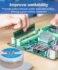 Applying High-Performance Rosin-Style Solder Flux Paste For Electronics Repairs on a circuit board, enhancing wetting.