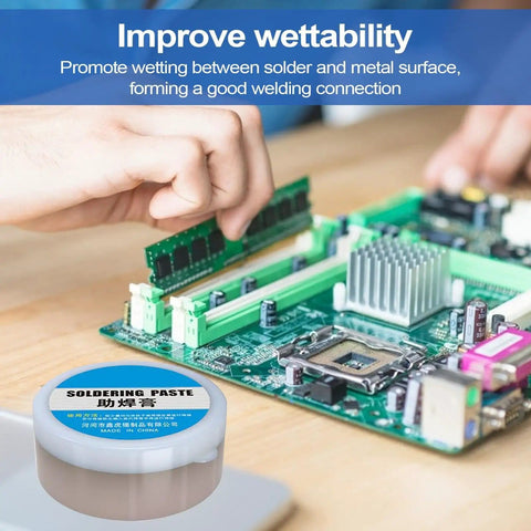 Applying High-Performance Rosin-Style Solder Flux Paste For Electronics Repairs on a circuit board, enhancing wetting.