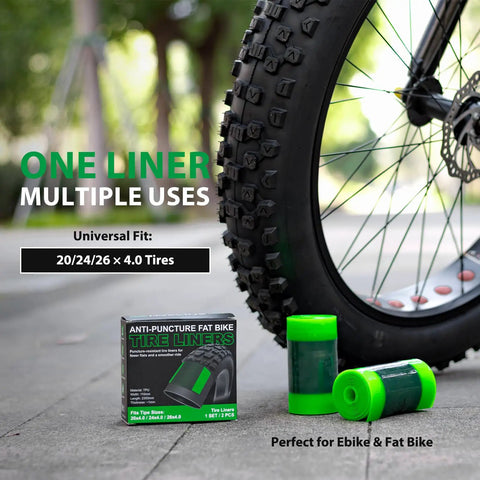 Close-up of fat bike tire with Two Pack Fat Tire Liners For Twenty, Twenty Four, And Twenty Six By Four Inch Fat Bike And E Bike Tires.