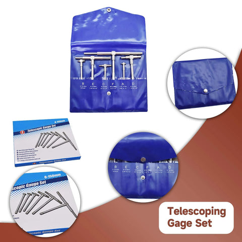 Telescoping Gage Set 6 Piece Five Sixteenths To 6 Inch Range Titanium Coated Steel Bore Gauges in blue case with packaging