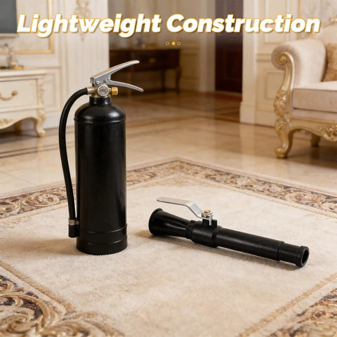 Top Shelf Fire Extinguisher Discharge Nozzle Hose With Instant Swap Spray Tip next to a lightweight fire extinguisher on carpet.