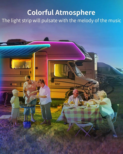Family enjoying picnic near RV with 100ft RGB Outdoor LED Strip Lights With App Control Bluetooth Music Sync IP65 Waterproof.