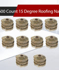 3600 Count Coil Roofing Nails Seven Eighths Inch Long With 0.120 Inch Diameter 15 Degree Round Head Electro Galvanized