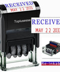 Self Inking Received Date Stamp With Blue And Red Ink For Business Files Featuring 12 Year Roll Over Dial, black and transparent design.