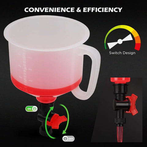 22 Piece No Spill Coolant Filling Funnel Kit With Siphon Hose Pump featuring clear polypropylene funnel with red base.