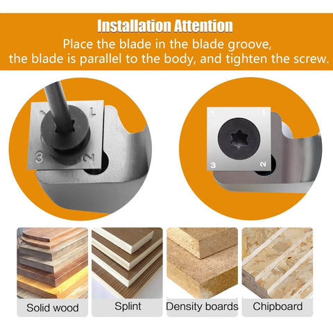 Installation guide for Pro Grade CNC Spoilboard Surfacing Router Bit Set with images of blade placement and compatible wood types.