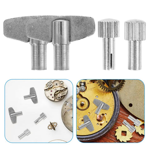 Clock Winding Key For Mechanical Clocks, Pro Repair Tool, metal winder, shown with clock gears and repair parts, 0.79 inch