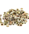 Professional Grade Durable Zinc Coated Rivet Nut Kit With 100 Count M4 Threaded Inserts, assorted nuts close-up view.
