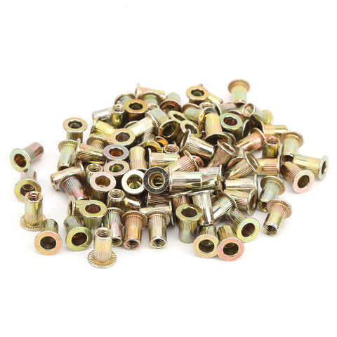 Professional Grade Durable Zinc Coated Rivet Nut Kit With 100 Count M4 Threaded Inserts, assorted nuts close-up view.