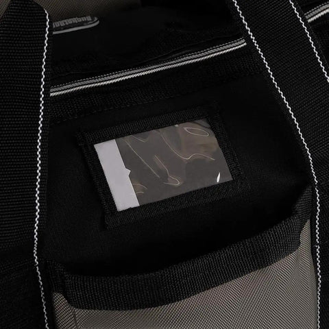 Close-up of Extreme Big Daddy Tool Bag In Gray With 25 Pockets, ID pocket, heavy duty 1680D poly material, rugged webbing handles