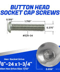 Straight Up Heavy Duty Button Head Socket Cap Screws 3/8-24 x 1-3/4 in dimensions and hex drive details.