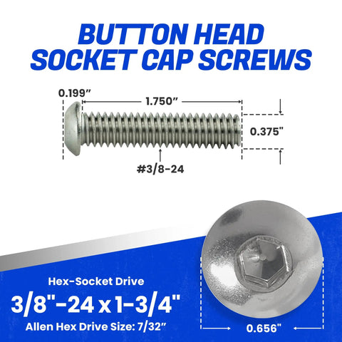 Straight Up Heavy Duty Button Head Socket Cap Screws 3/8-24 x 1-3/4 in dimensions and hex drive details.