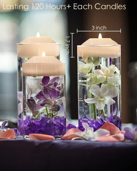 12 Pack LED Floating Candles 3 Inch Flameless Plastic Tea Lights in vases with flowers, waterproof, warm white glow battery.