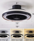 Low Profile Flush Mount Ceiling Fan With Lights, 19 Inch Bladeless Ceiling Fan, Remote Control, 3 light temperatures display