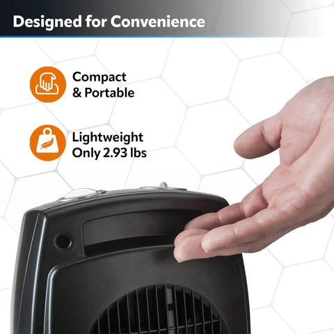 Hand demonstrating size of Compact Ceramic Space Heater CD09250 with adjustable thermostat, ideal for tabletop or under desk use.
