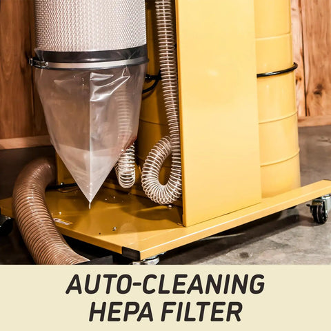 Cyclone Dust Collector With 1 Micron HEPA Filter, 3 HP, 230V Single Phase, close-up of filter and vacuum lines