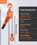 Manual Lever Chain Hoist 0.75 Ton 1650 Lbs 10 Ft Come Along Weston Double Pawl Brake with chain and hook