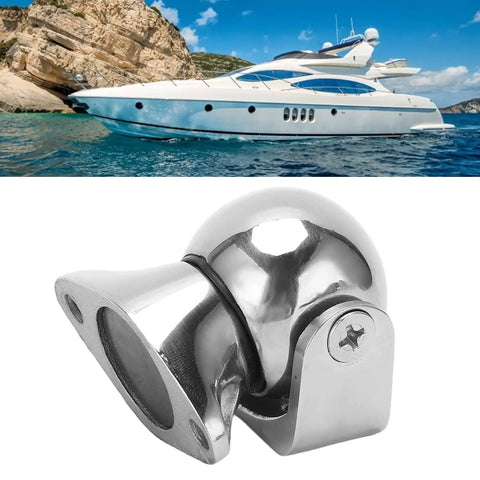 Magnetic Door Stopper With Rotating Head 316 Stainless Steel Door Holder Adjustable 8 Lbs Holding Power Keeps Doors From Slamming And Protects Walls On Boats Yachts Motorhomes RVs Tiny Homes And Households displayed with a yacht in the background.