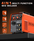 4-in-1 MIG Welder showing control panel and outputs for 145A MIG Welder 110V 4 In 1 Multi Process Wire Feed Welder For Gas MIG Flux Core MMA Stick Lift TIG With Synergic Control IGBT Inverter And Complete Kit For Home Garage Projects And DIY Repairs