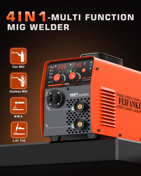 4-in-1 MIG Welder showing control panel and outputs for 145A MIG Welder 110V 4 In 1 Multi Process Wire Feed Welder For Gas MIG Flux Core MMA Stick Lift TIG With Synergic Control IGBT Inverter And Complete Kit For Home Garage Projects And DIY Repairs