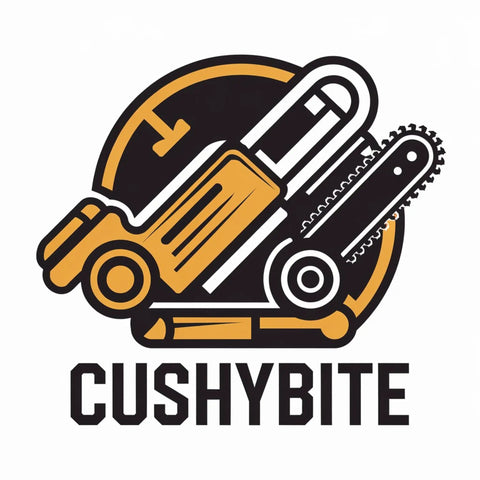 CUSHYBITE logo with stylized chainsaw and tools illustration, circular design