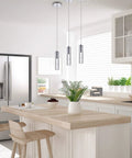 Modern kitchen with 2 Pack Integrated LED Pendant Lights With Bubble Glass And Chrome Finish, 3000K Warm Light, above island.