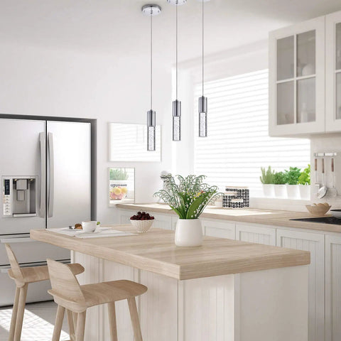 Modern kitchen with 2 Pack Integrated LED Pendant Lights With Bubble Glass And Chrome Finish, 3000K Warm Light, above island.