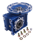 MRV050 worm gear speed reducer, blue housing with circular flange and mounting bolts with washers