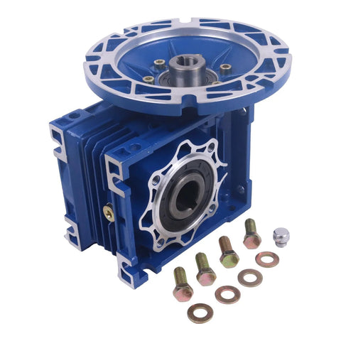 MRV050 worm gear speed reducer, blue housing with circular flange and mounting bolts with washers