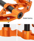 Close-up of Aluminum Alloy 6061 CNC Machined MTB Pedals 9 Sixteenth Inch Wide Platform showing CrMo axle and sealed bearing detail