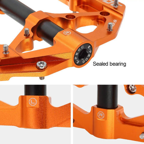 Close-up of Aluminum Alloy 6061 CNC Machined MTB Pedals 9 Sixteenth Inch Wide Platform showing CrMo axle and sealed bearing detail